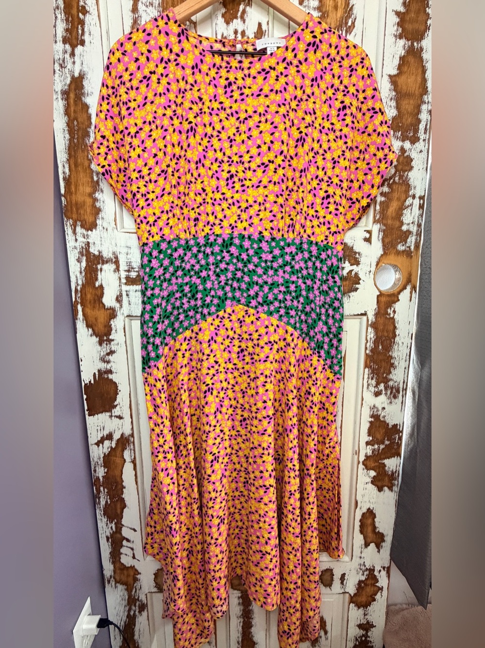 Topshop Pink Floral Colorblock Midi Dress Size 10 Y2K Boho Hanky Hem
